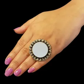 925 Silver Antique Look Round Shape Adjustable Ring With Mirror