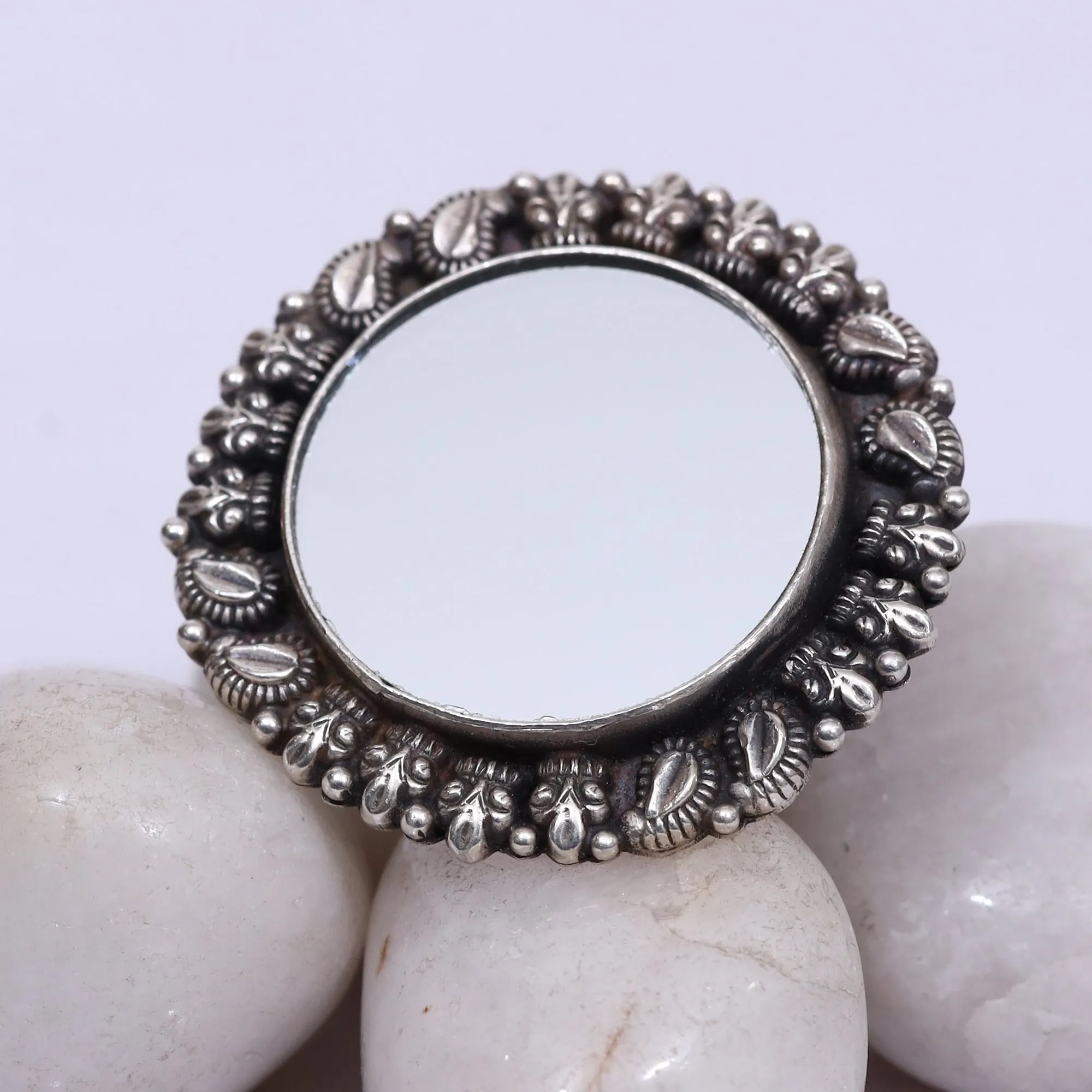 925 Silver Antique Look Round Shape Adjustable Ring With Mirror