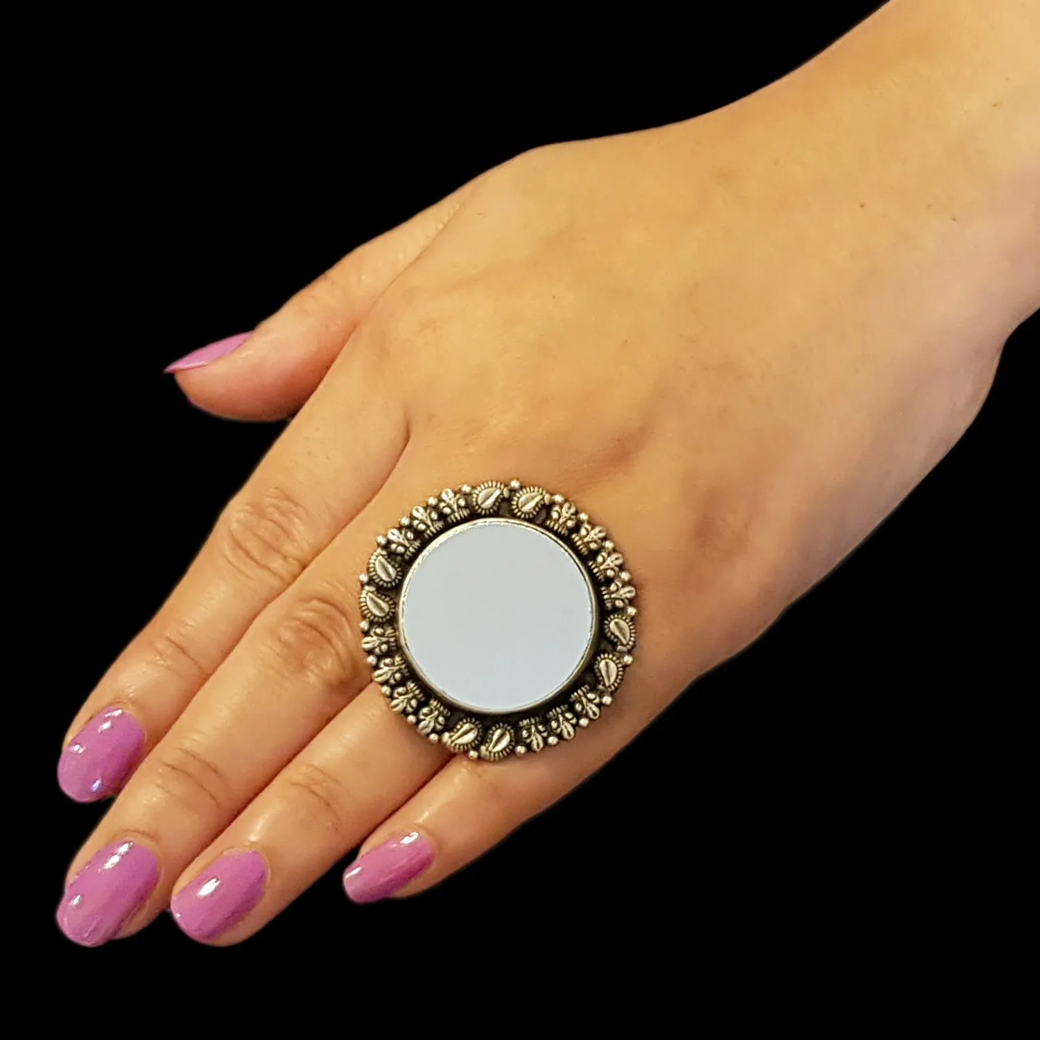 925 Silver Antique Look Round Shape Adjustable Ring With Mirror