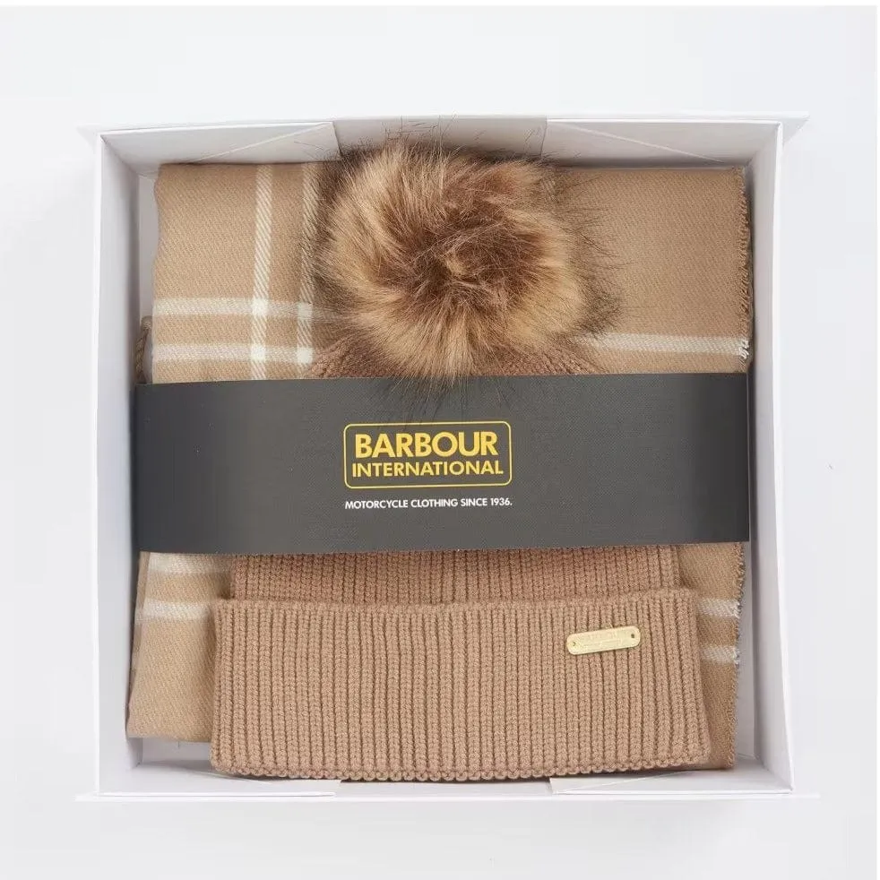 Barbour International Mallory Beanie And Windowpane Wrap Gift Set In Light Trench
