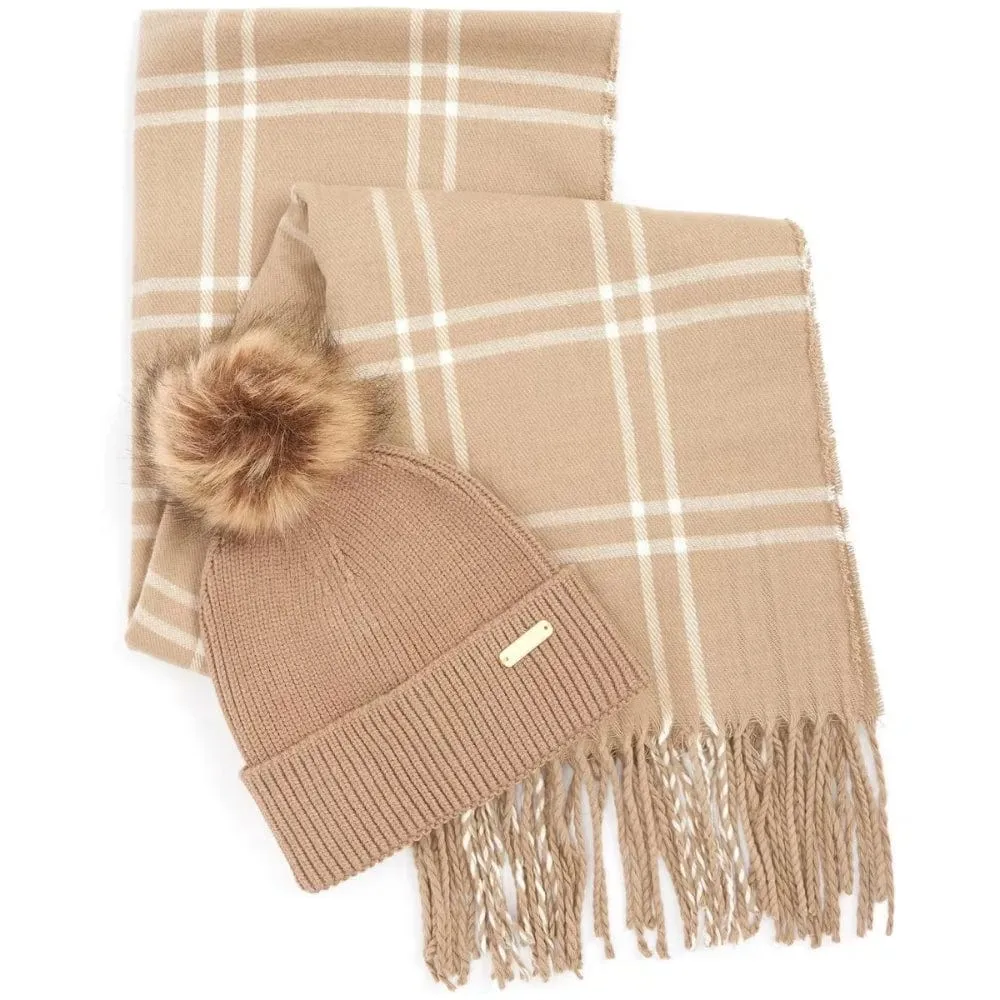 Barbour International Mallory Beanie And Windowpane Wrap Gift Set In Light Trench