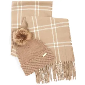 Barbour International Mallory Beanie And Windowpane Wrap Gift Set In Light Trench