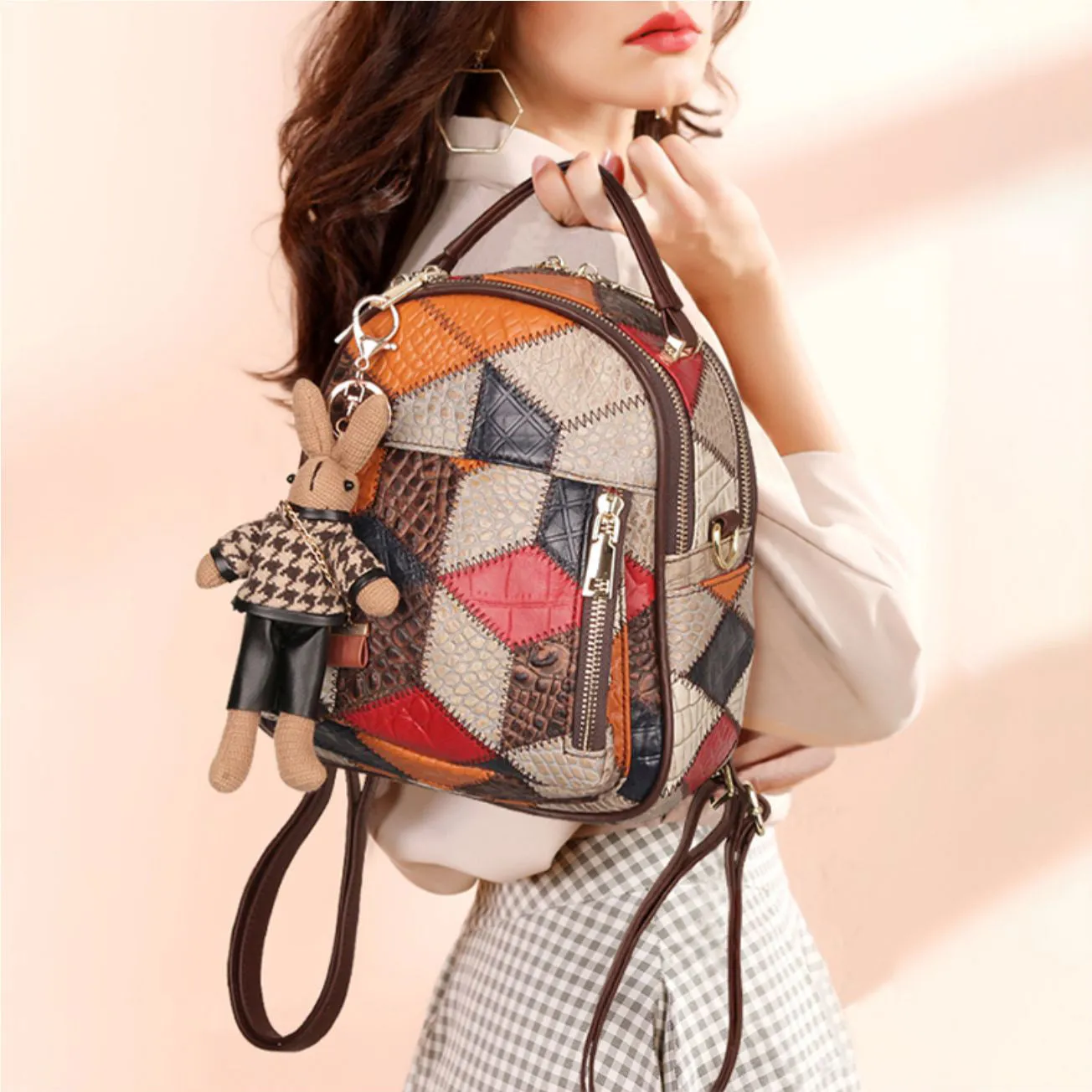 Boho Ladies Leather Small Backpack Purses Leather Rucksack Shoulder Bag For Women