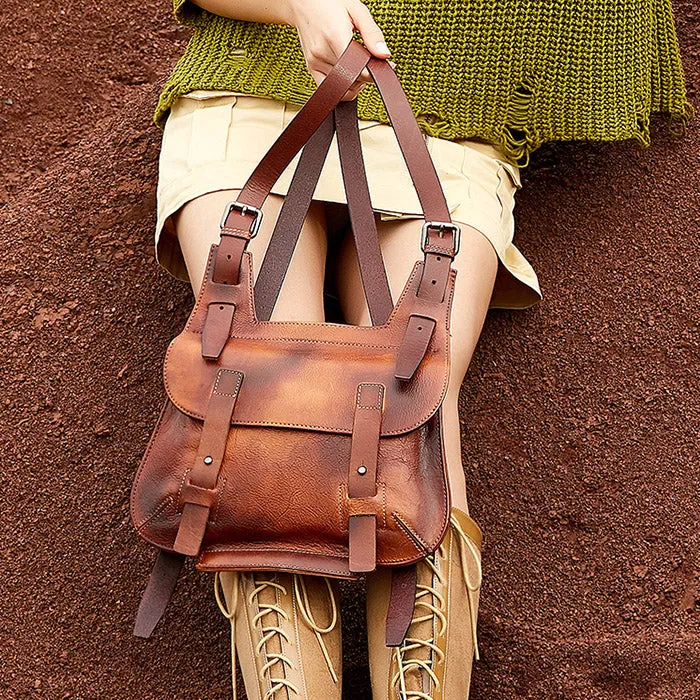 Cool Womens Brown Leather Convertible Backpack Bags Crossbody Purse for Women