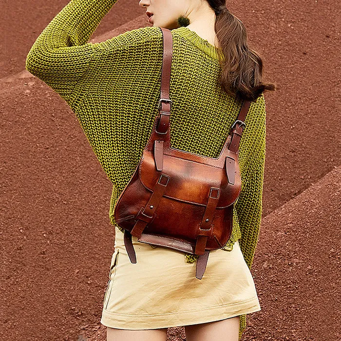 Cool Womens Brown Leather Convertible Backpack Bags Crossbody Purse for Women