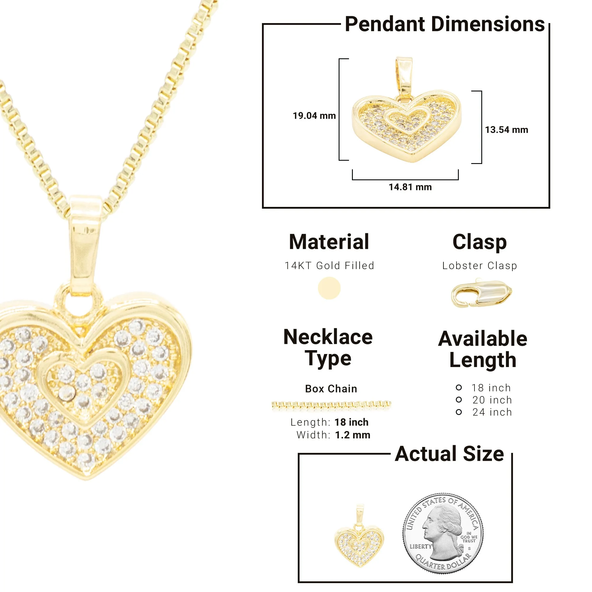 Cubic Zirconia 14K Gold Filled Binary Heart Pendant Necklace Set
