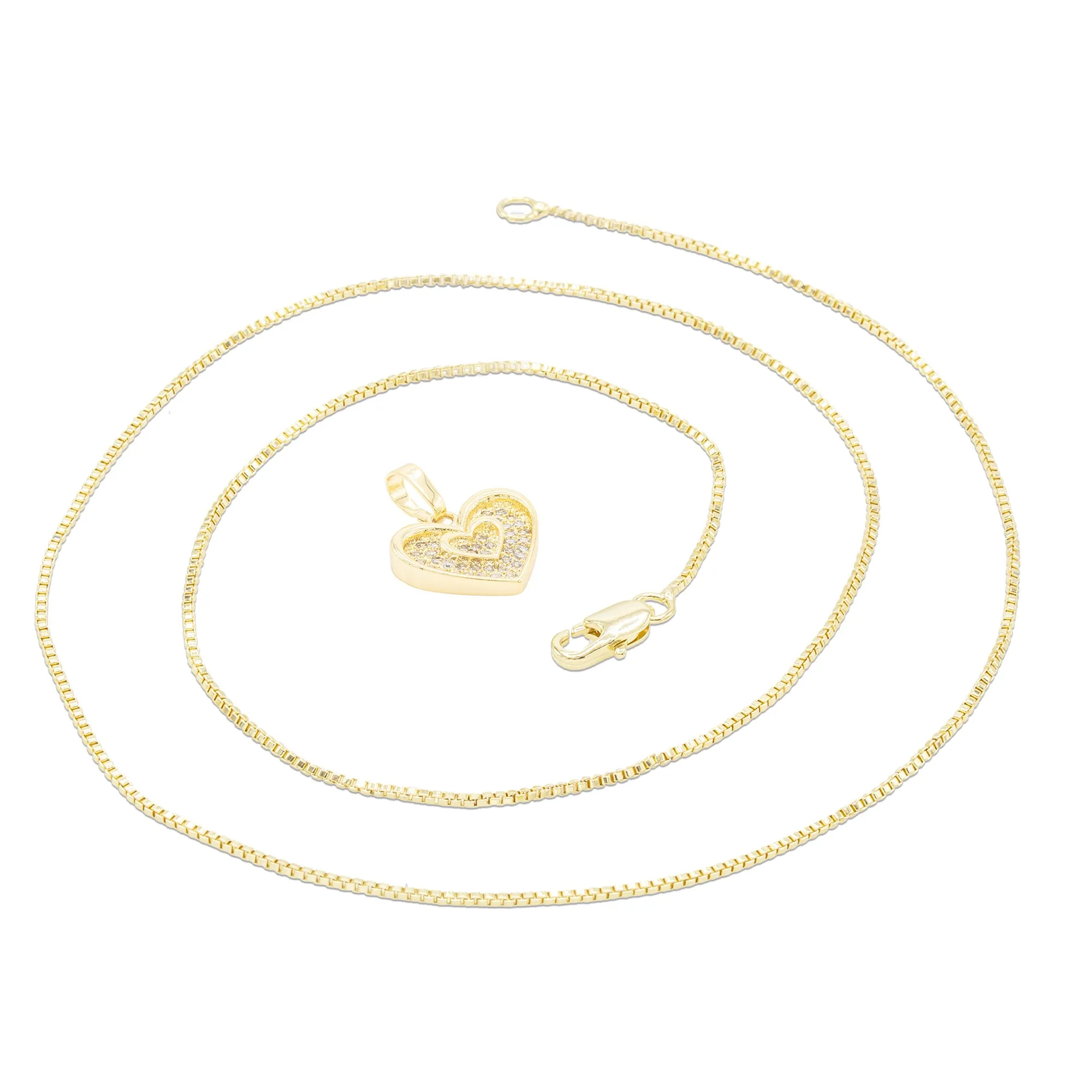 Cubic Zirconia 14K Gold Filled Binary Heart Pendant Necklace Set