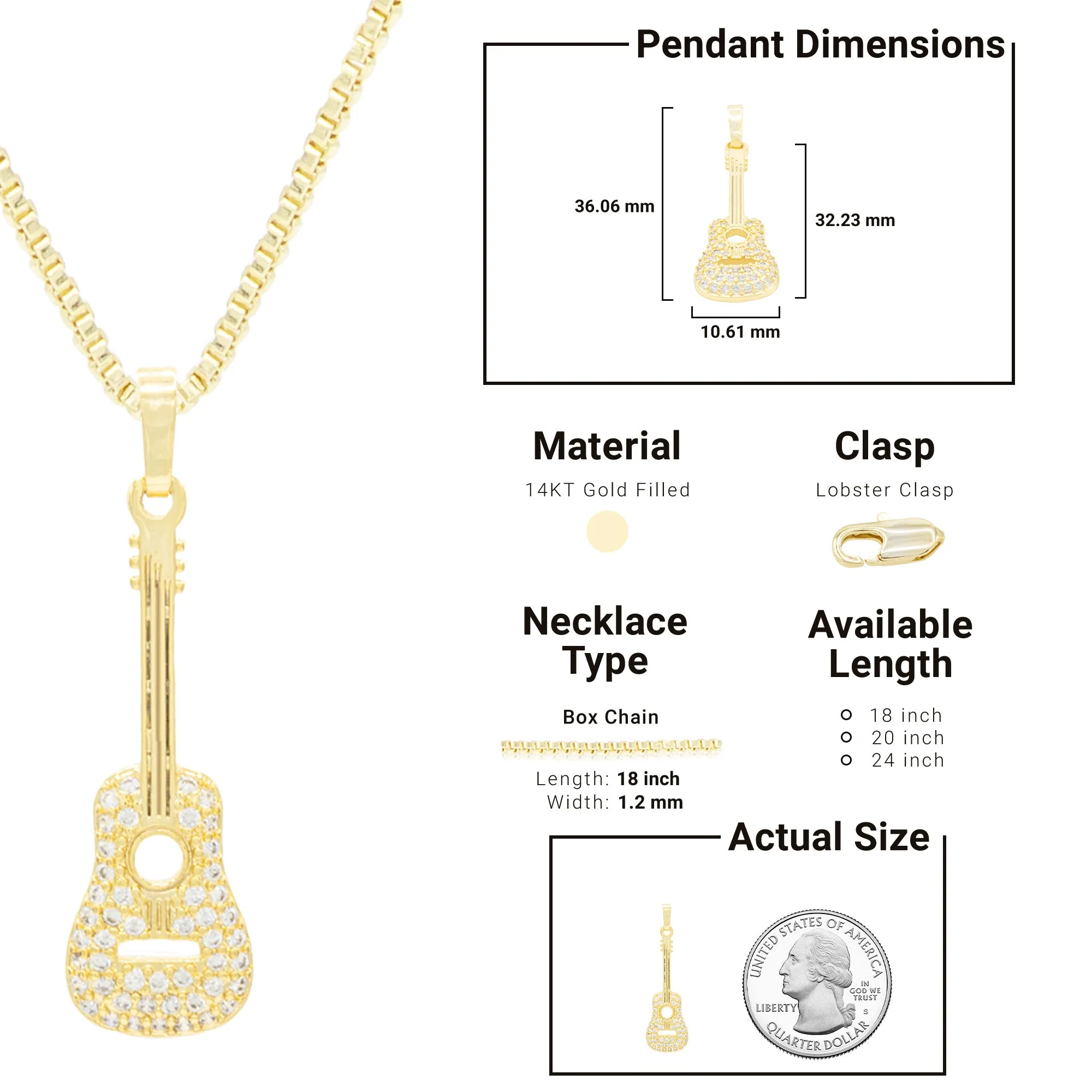 Cubic Zirconia 14K Gold Filled Guitar Pendant Necklace Set