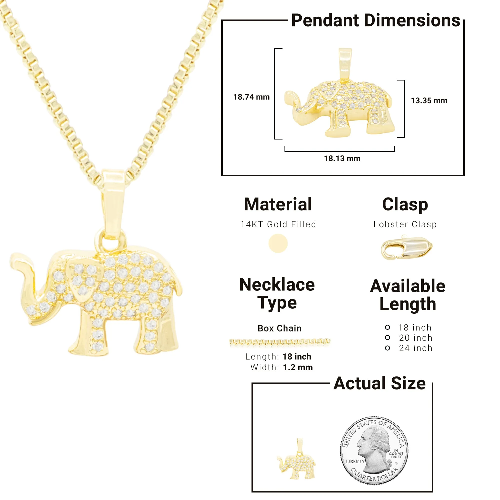 Elephant Cubic Zirconia Pendant With 14K Gold Filled Necklace Set