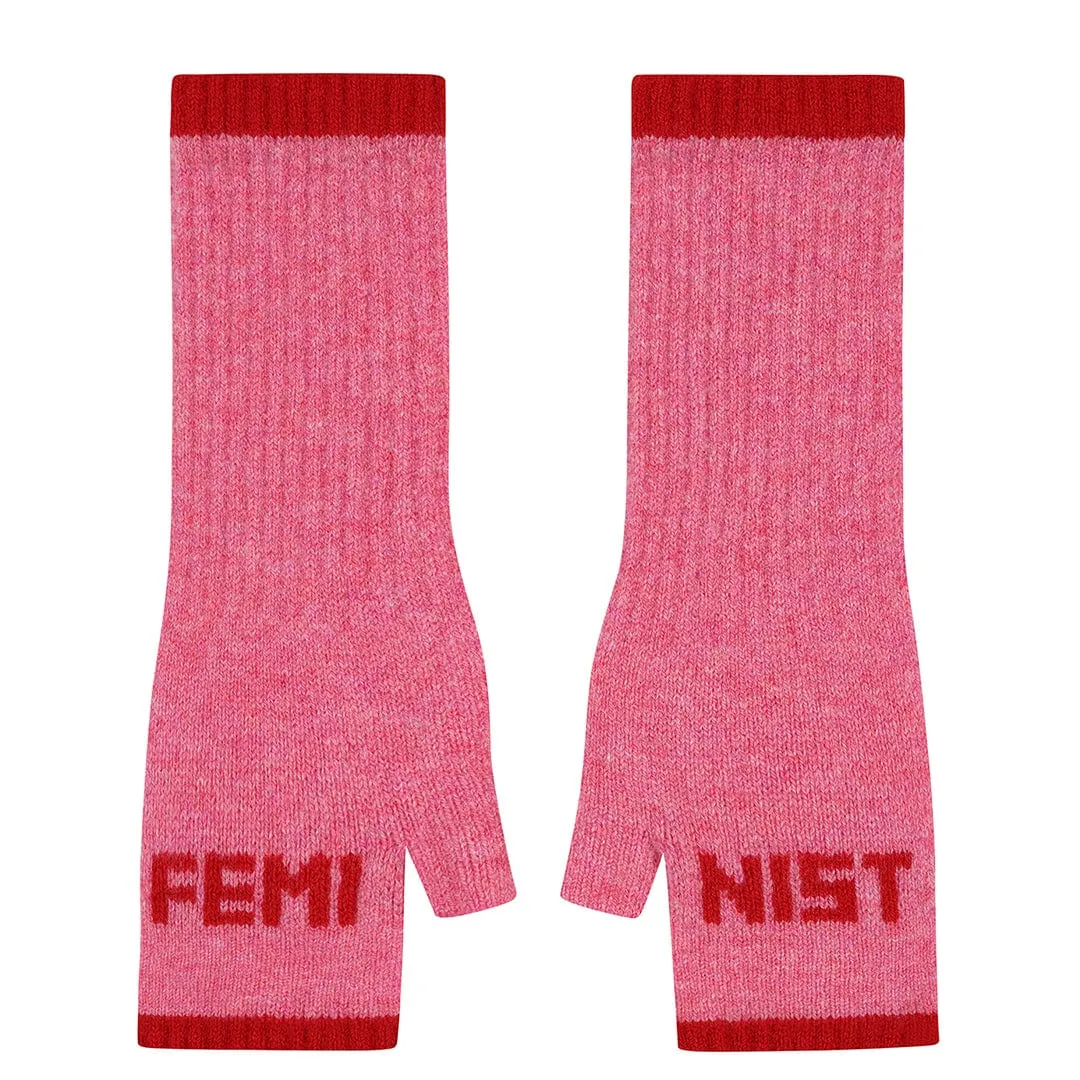 Feminist Fingerless Mittens in French Rose & Rouge