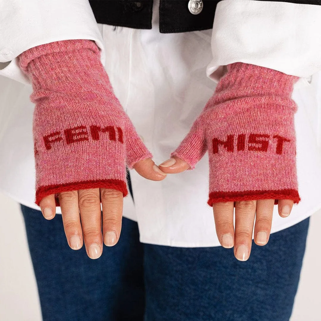 Feminist Fingerless Mittens in French Rose & Rouge