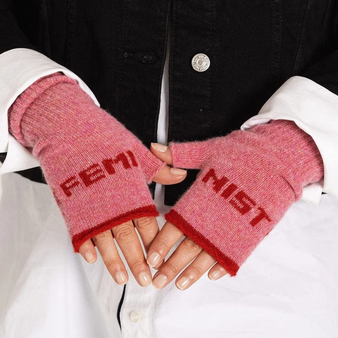 Feminist Fingerless Mittens in French Rose & Rouge