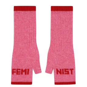 Feminist Fingerless Mittens in French Rose & Rouge