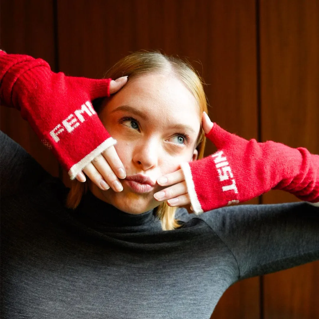 Feminist Fingerless Mittens in Rouge & Ecru