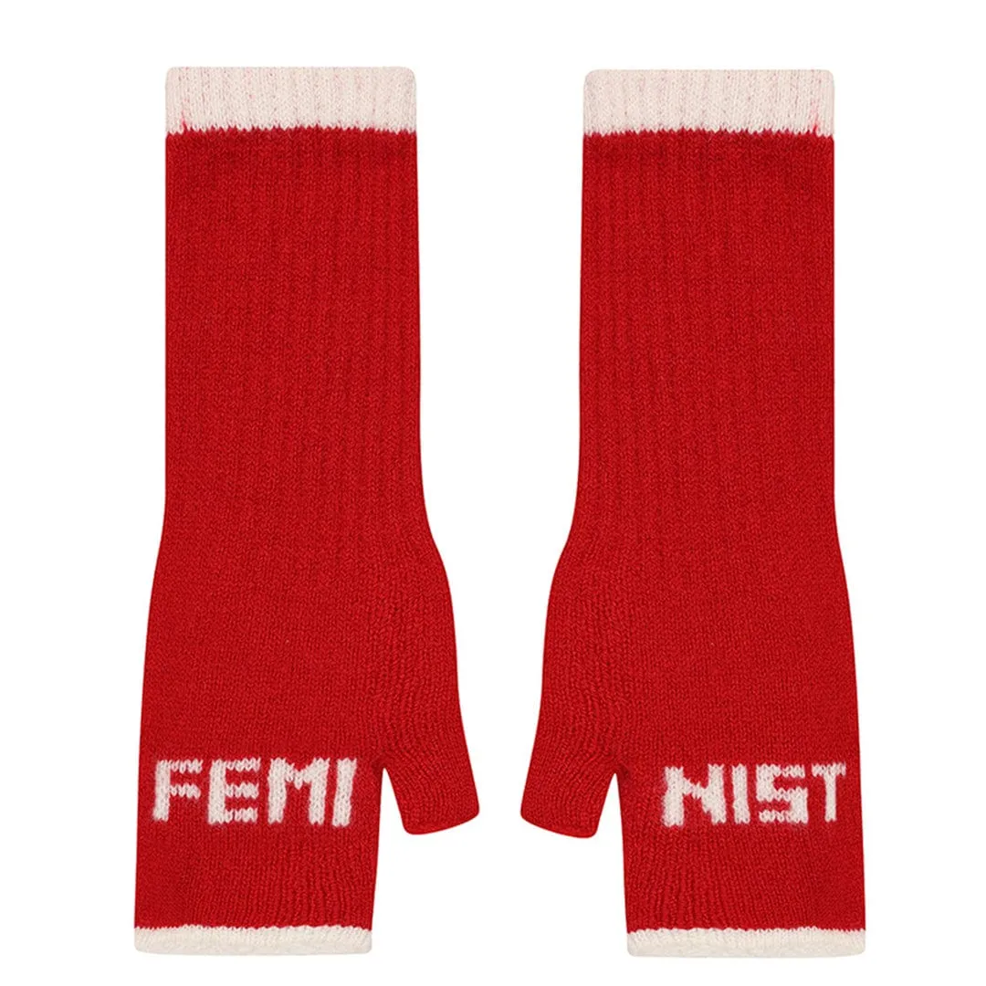 Feminist Fingerless Mittens in Rouge & Ecru