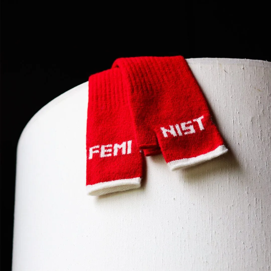 Feminist Fingerless Mittens in Rouge & Ecru
