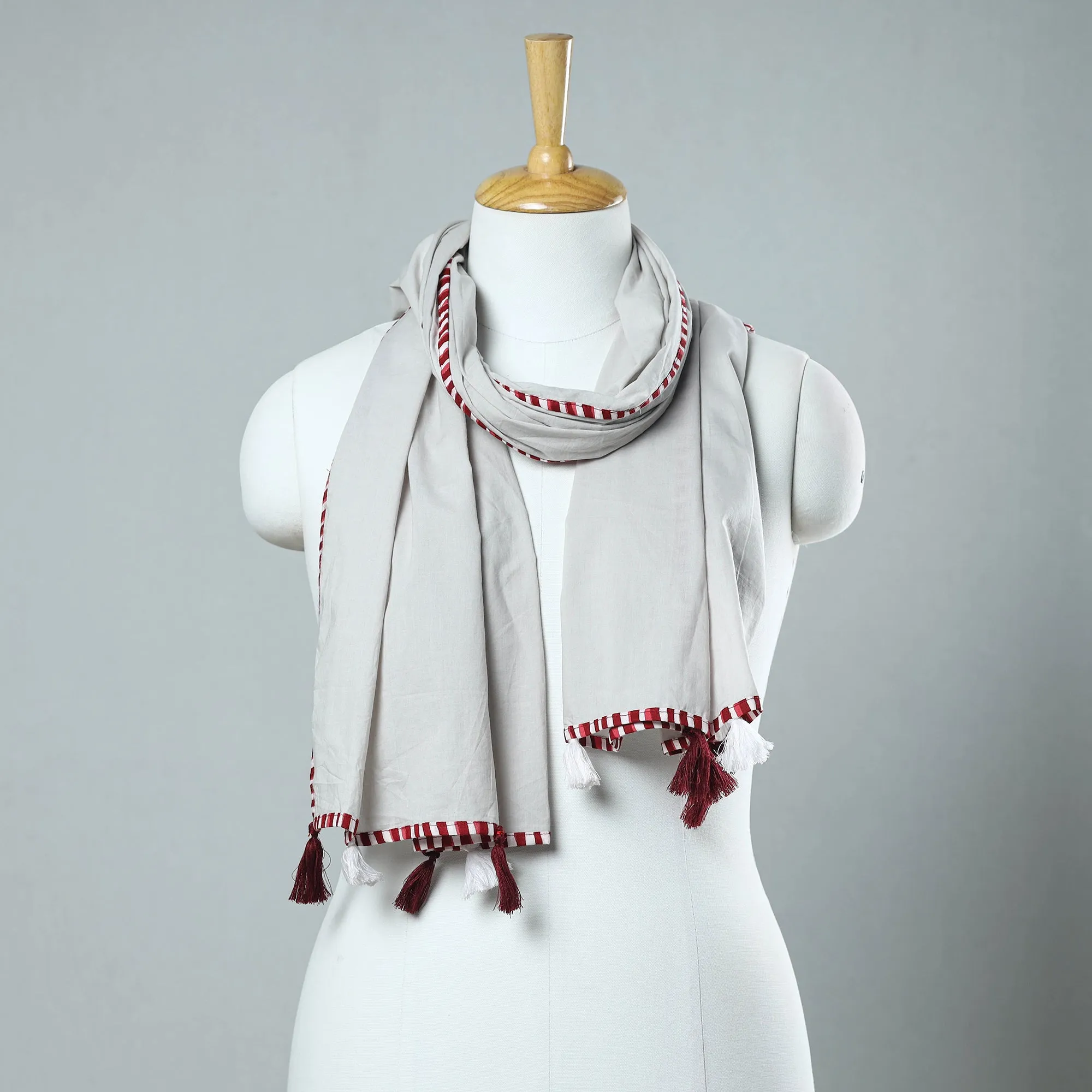 Grey - Plain Cotton Stole with Tassels 14