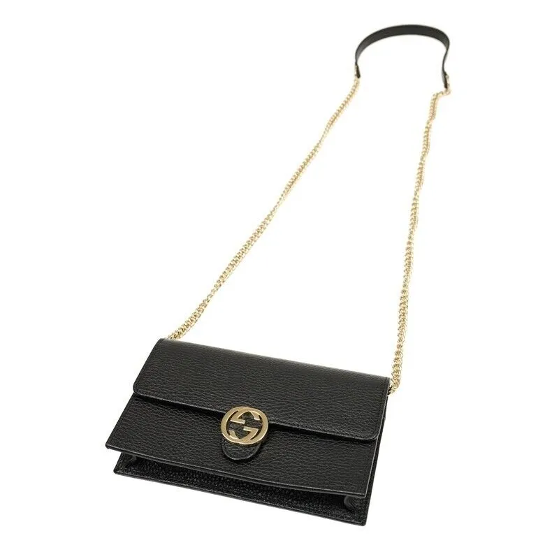 Gucci GG Black Crossbody Handbag Calf Leather Gold Chain Purse Bag Italy NEW