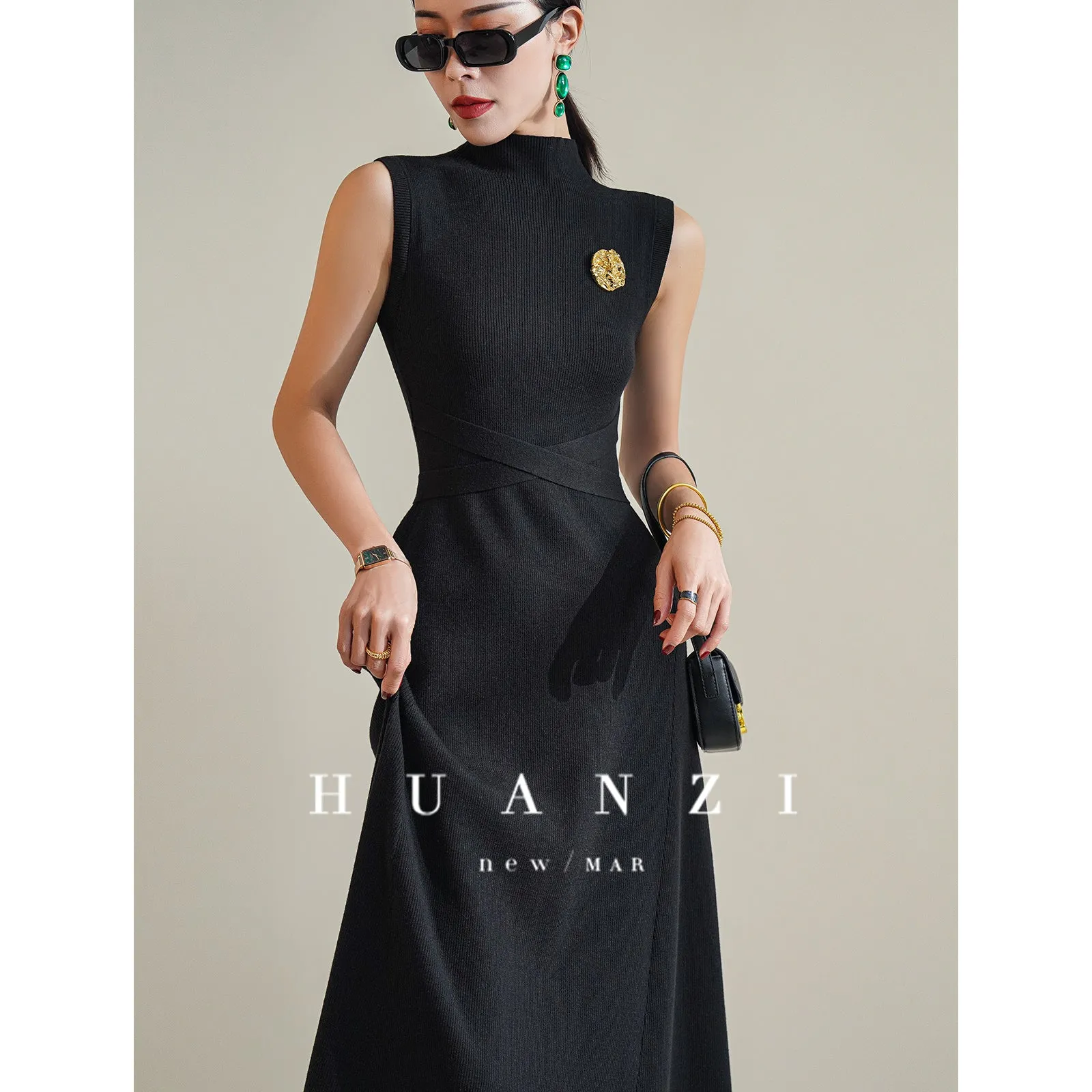 Huanzi French elegant fashionable knitted minimalist waist dress cardigan- Melissa