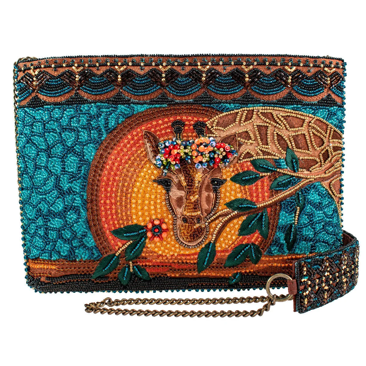 Mary Frances Looking Up Giraffe Zip Bag Beaded Handbag Floral Blue Gold Purse NEW