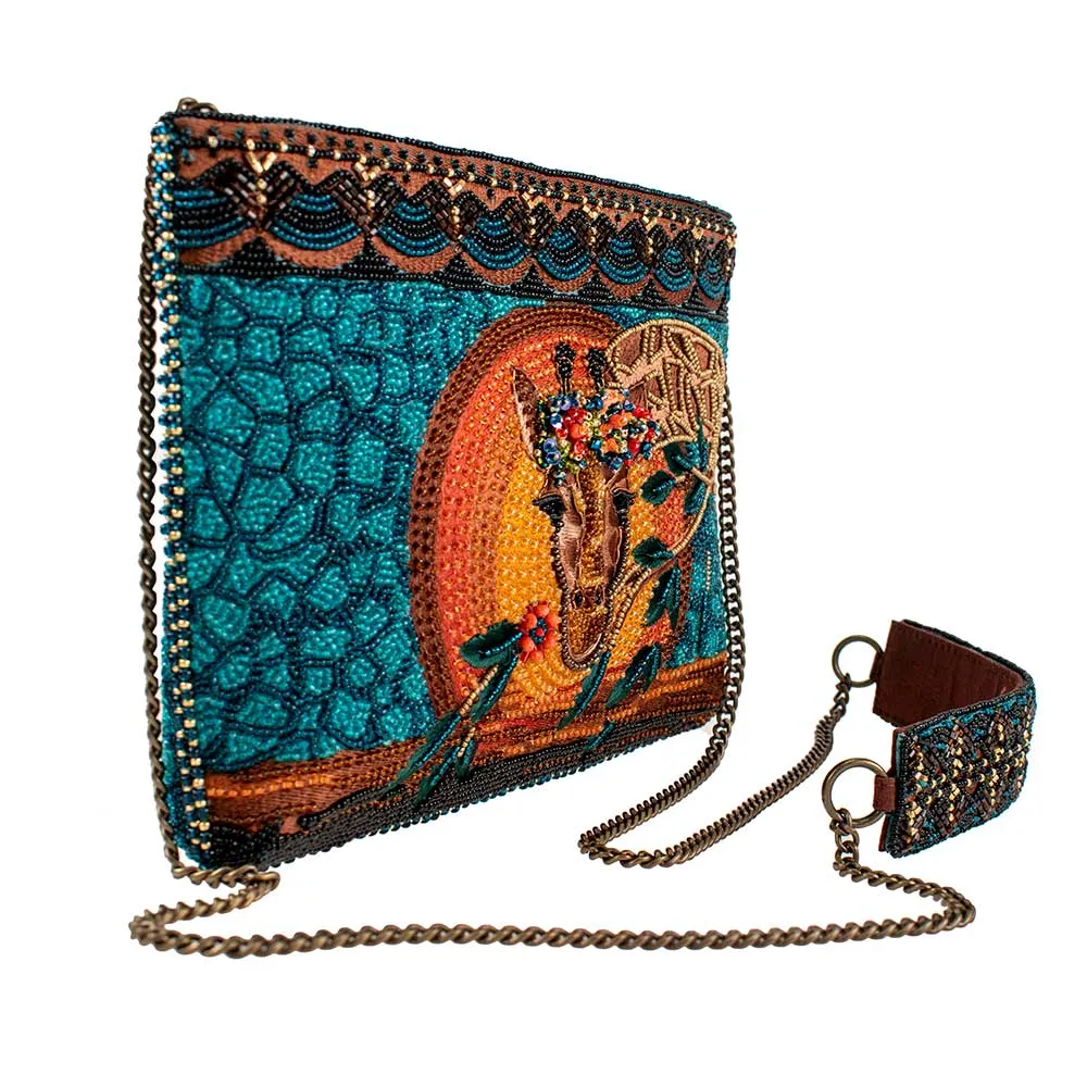 Mary Frances Looking Up Giraffe Zip Bag Beaded Handbag Floral Blue Gold Purse NEW