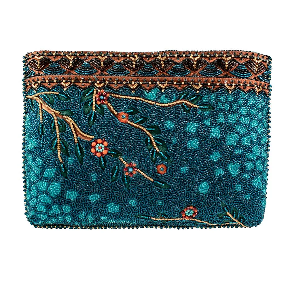 Mary Frances Looking Up Giraffe Zip Bag Beaded Handbag Floral Blue Gold Purse NEW