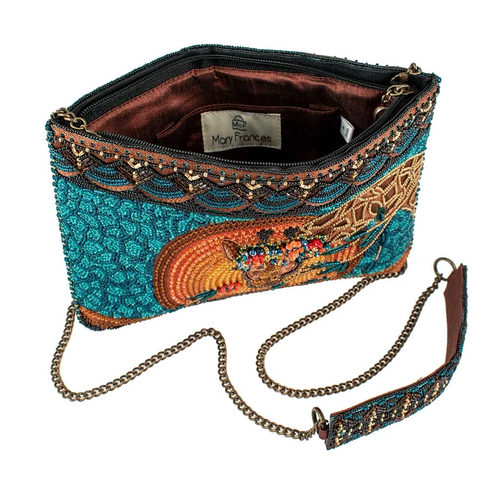 Mary Frances Looking Up Giraffe Zip Bag Beaded Handbag Floral Blue Gold Purse NEW
