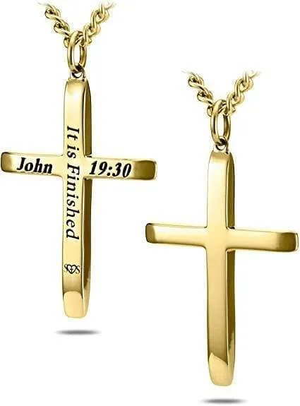 Men's Gold Stainless Steel Cross Necklace - John 19:30