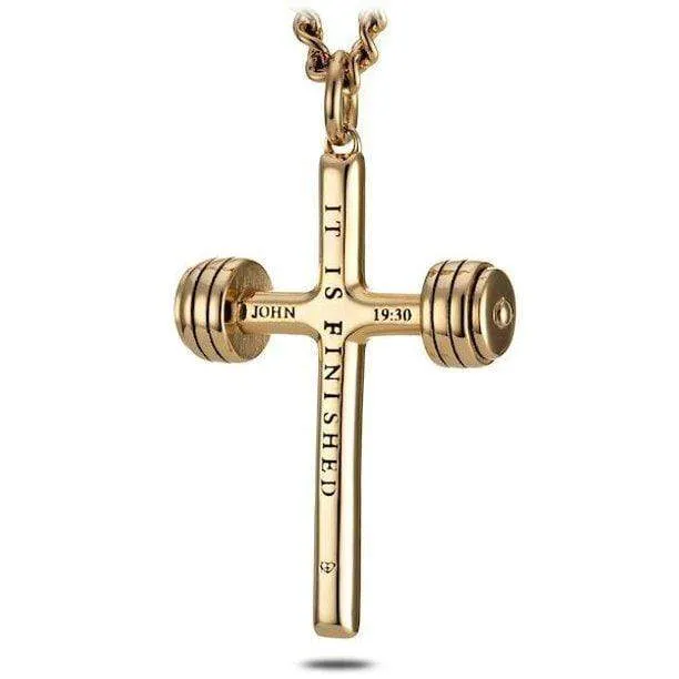 Men's Gold Stainless Steel Dumbbell Cross Necklace - John 19:30
