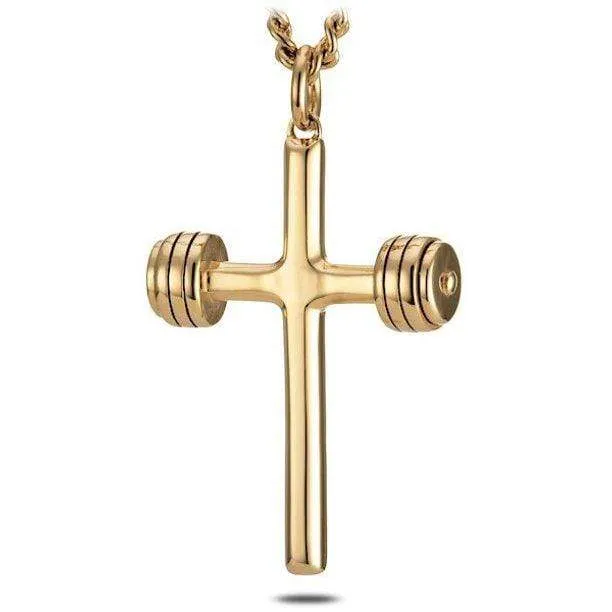 Men's Gold Stainless Steel Dumbbell Cross Necklace - John 19:30