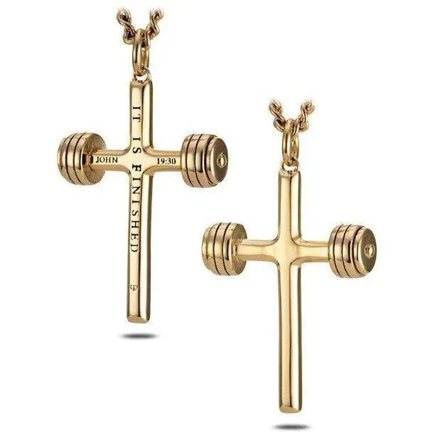 Men's Gold Stainless Steel Dumbbell Cross Necklace - John 19:30