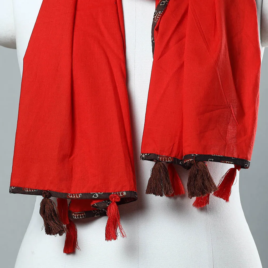 Red - Plain Cotton Stole with Tassels 04