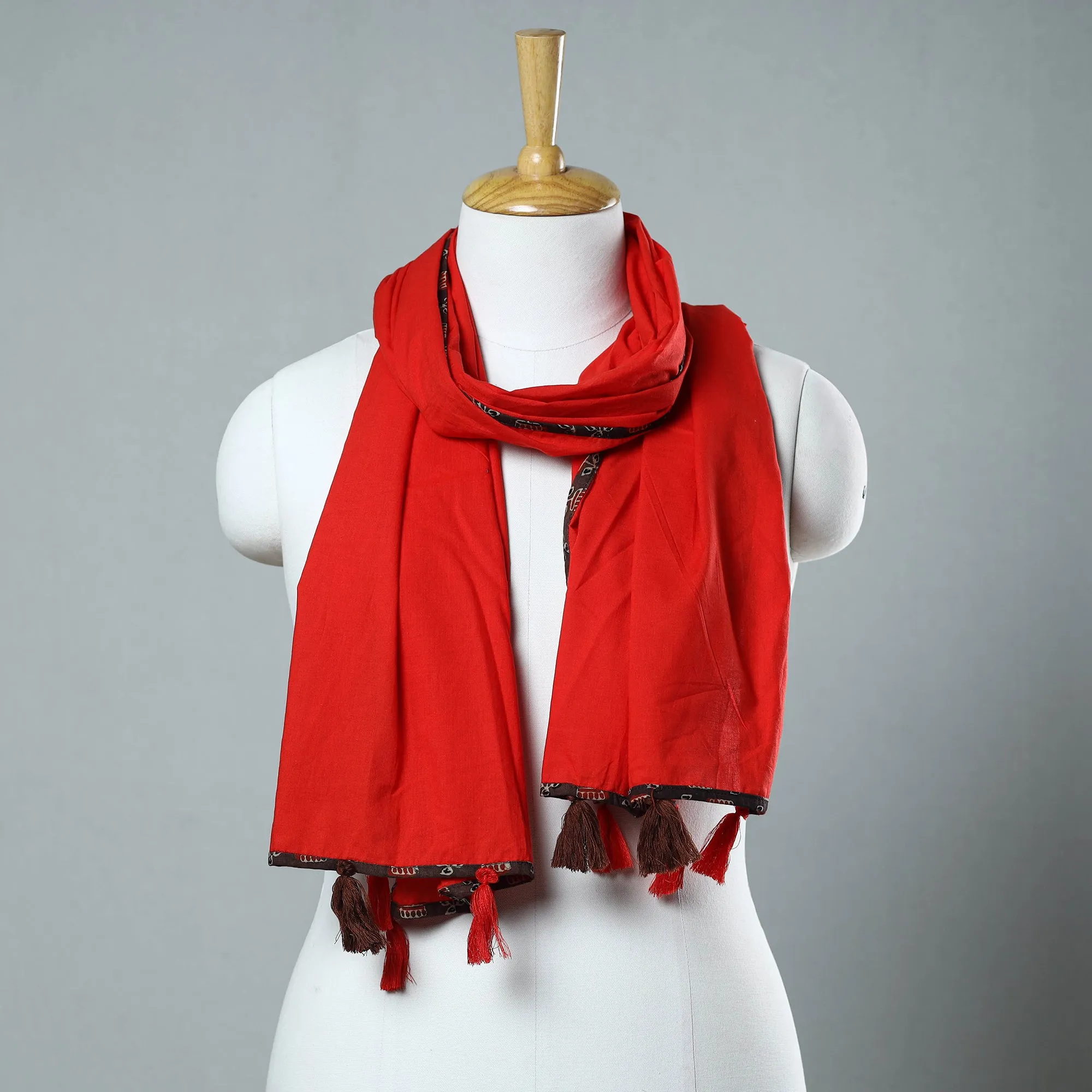 Red - Plain Cotton Stole with Tassels 04