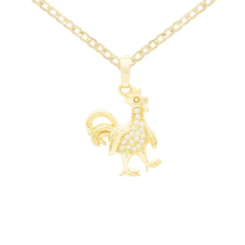 Rooster Cubic Zirconia Pendant With 14K Gold Filled Necklace Set