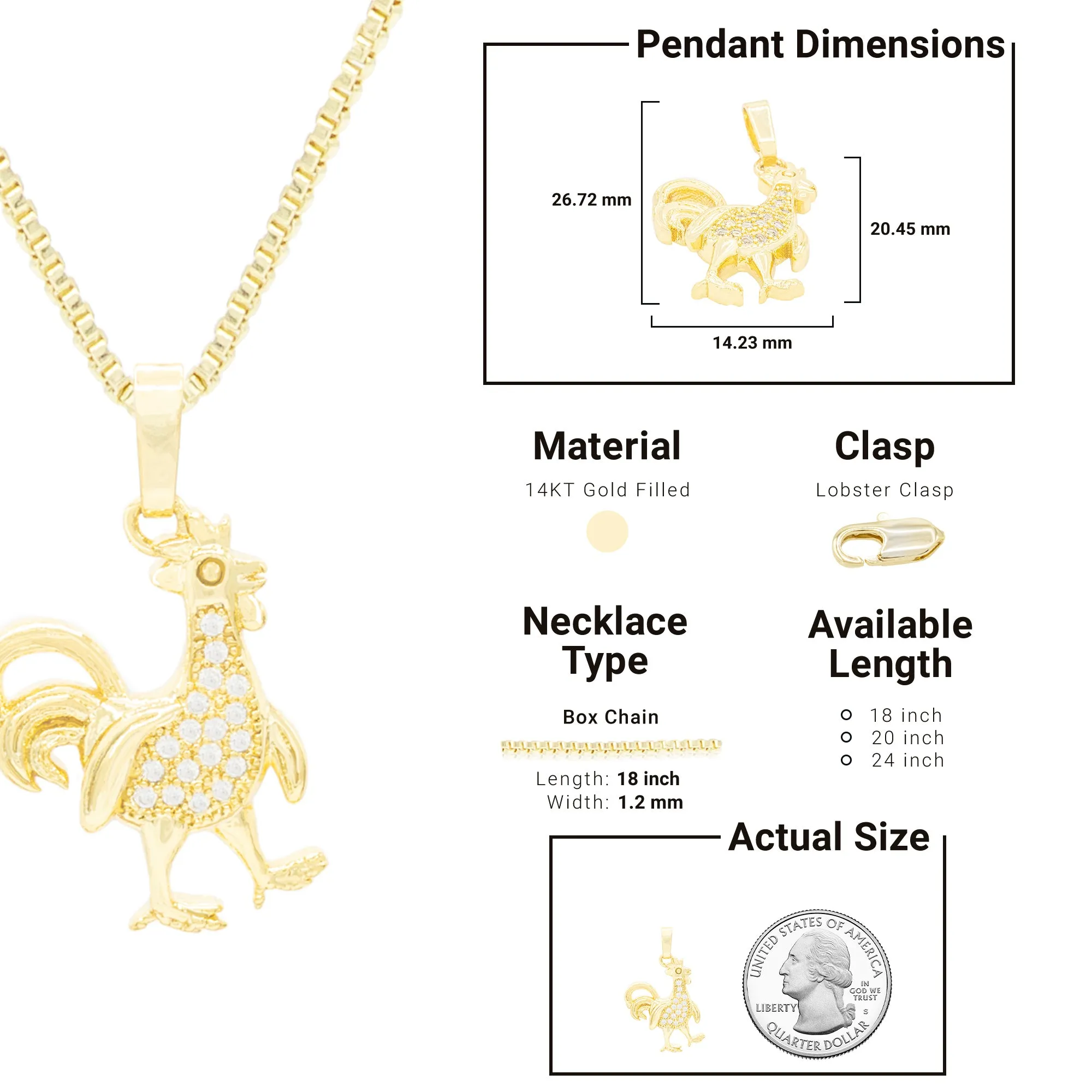 Rooster Cubic Zirconia Pendant With 14K Gold Filled Necklace Set