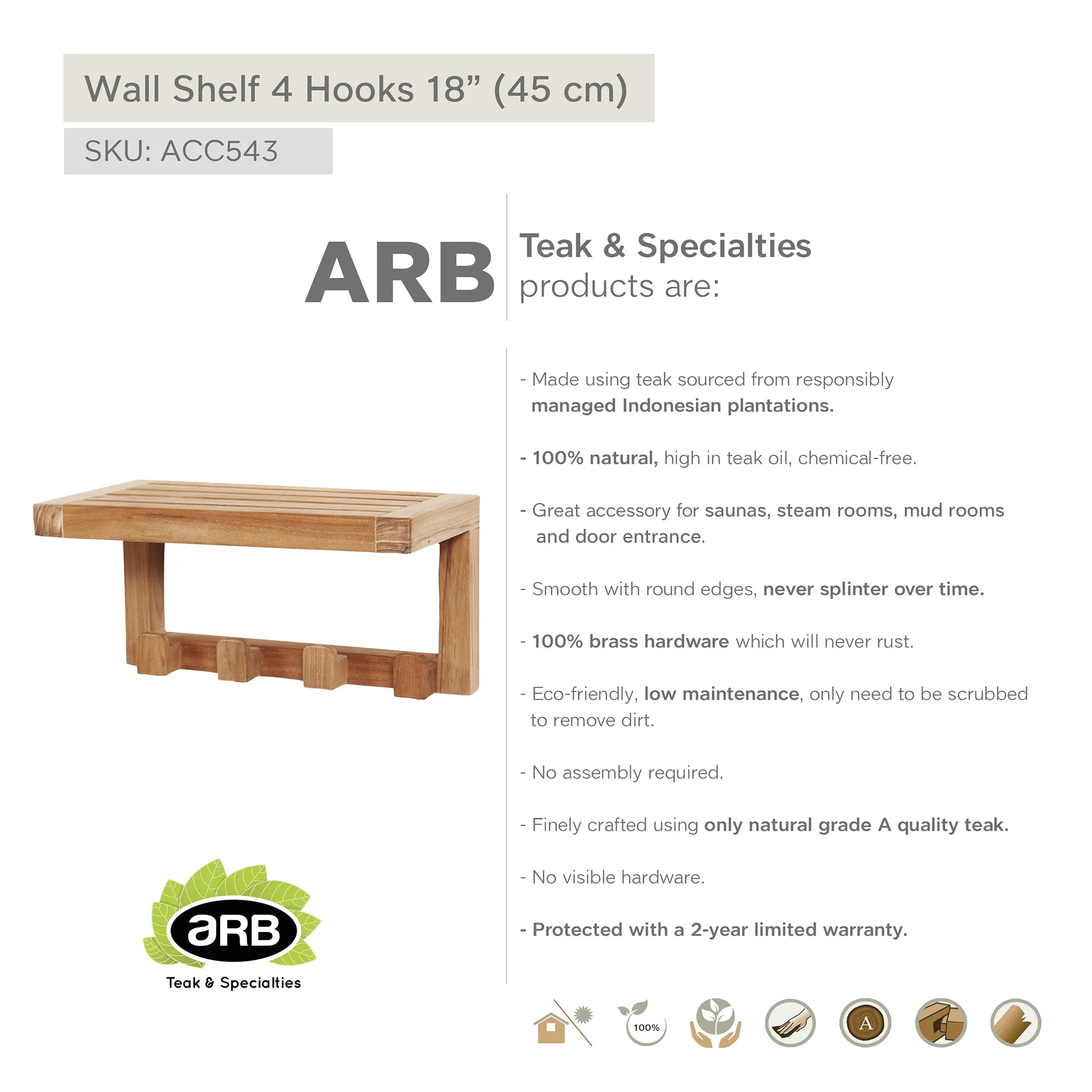 Teak Wall Shelf with 4 hooks