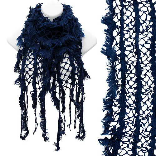 Vintage Net Design Furry Edge Detail Fringes Fashion Style Scarf (Blue)