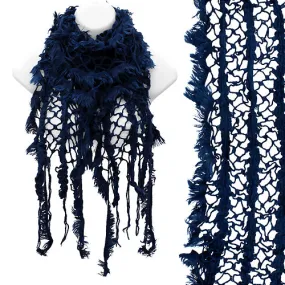 Vintage Net Design Furry Edge Detail Fringes Fashion Style Scarf (Blue)